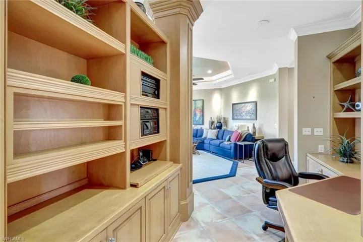 Home office featuring recessed lighting and ornamental molding