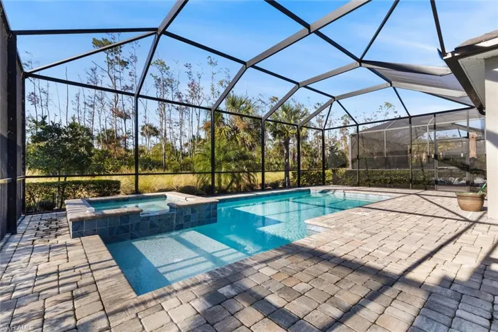 View of pool featuring a lanai, a patio area, and an in ground hot tub