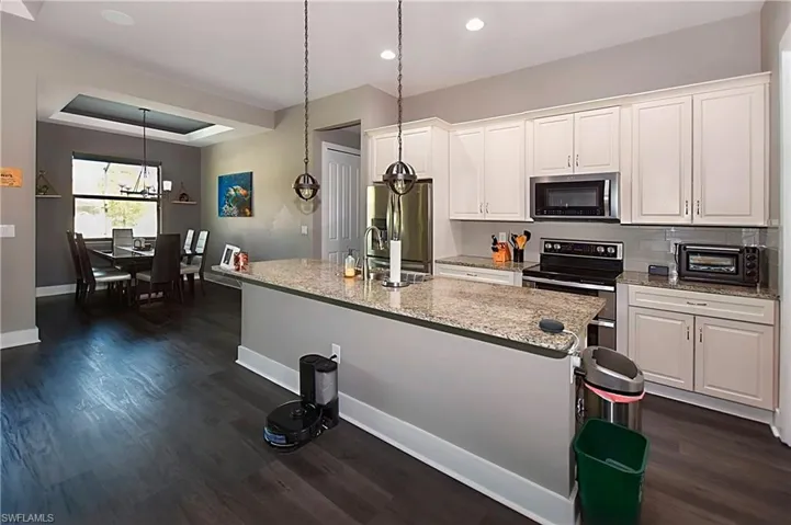 Kitchen featuring stainless steel appliances, white cabinets, dark hardwood / wood-style flooring, an island with sink, and a tray ceiling