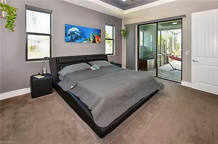 Carpeted bedroom featuring access to exterior and a tray ceiling