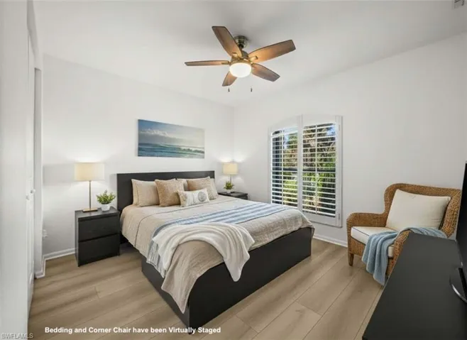 Bedroom featuring light wood finished floors and ceiling fan