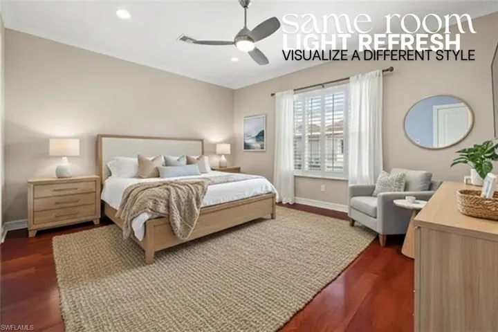 Bedroom with dark wood finished floors, ceiling fan, and recessed lighting