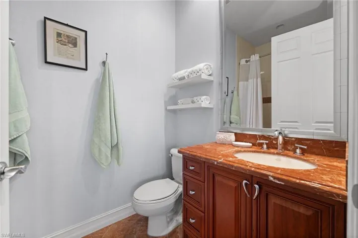 Bathroom with a shower with curtain and vanity