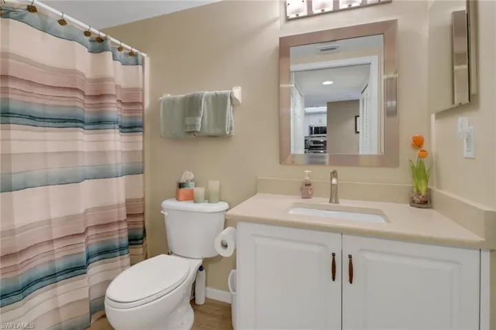 Bathroom with vanity, hardwood / wood-style flooring, and toilet