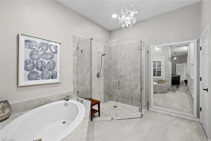 Bathroom with an inviting chandelier and shower with separate bathtub