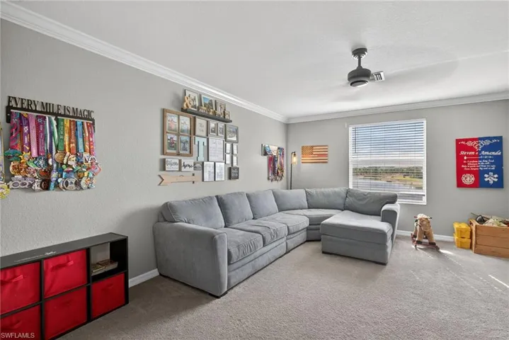 Living area featuring carpet flooring and ornamental molding