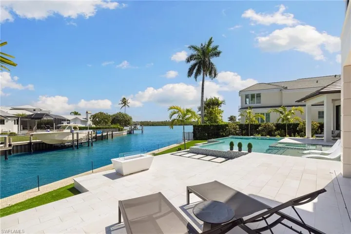 Integrated pool / hot tub with a patio, a water view, and a boat dock