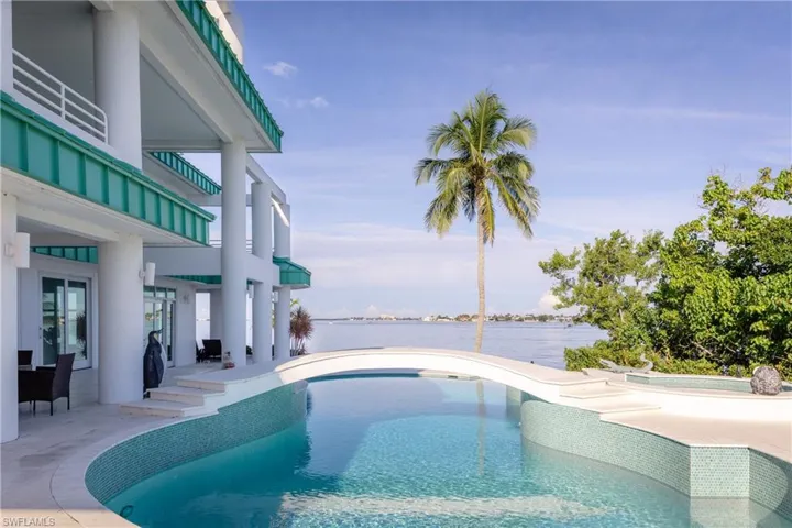 Swimming pool with a patio, a water view, and a balcony