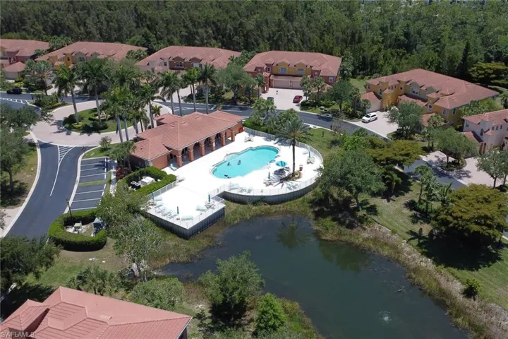 Aerial view of residential area featuring a pool, a large body of water, and a forest