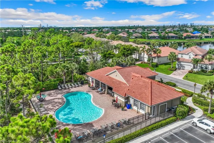 Aerial view of clubhouse and community pool.