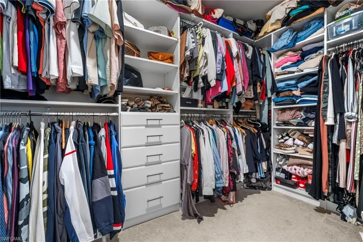 Walk in closet featuring light colored carpet