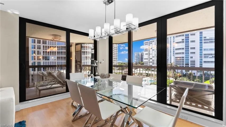 Dining room featuring expansive windows, a chandelier, and hardwood / wood-style floors