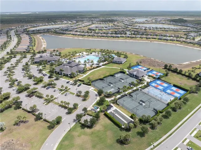 Aerial view with a residential view and a water view