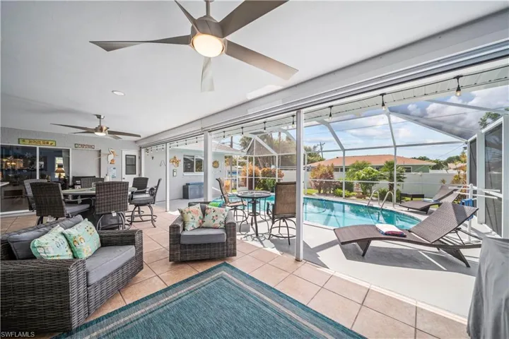 View of swimming pool featuring ceiling fan
