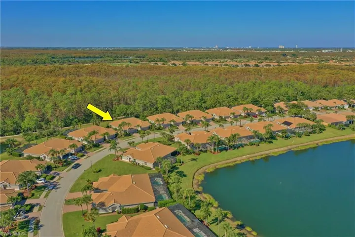 Aerial perspective of suburban area with a forest and a large body of water