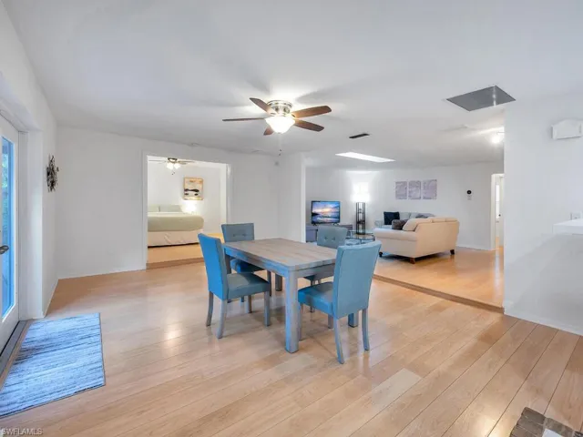 Dining space featuring light hardwood / wood-style floors and ceiling fan