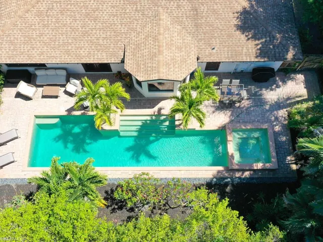 Bird's eye view of backyard and pool