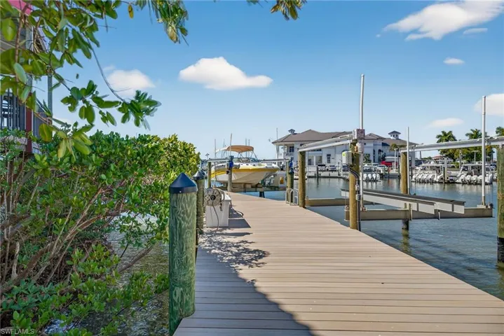 Dock with boat lift and a water view
