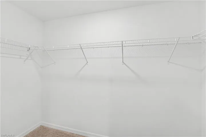 Expansive closet featuring wire shelving, white painted walls, white baseboards, and carpet flooring