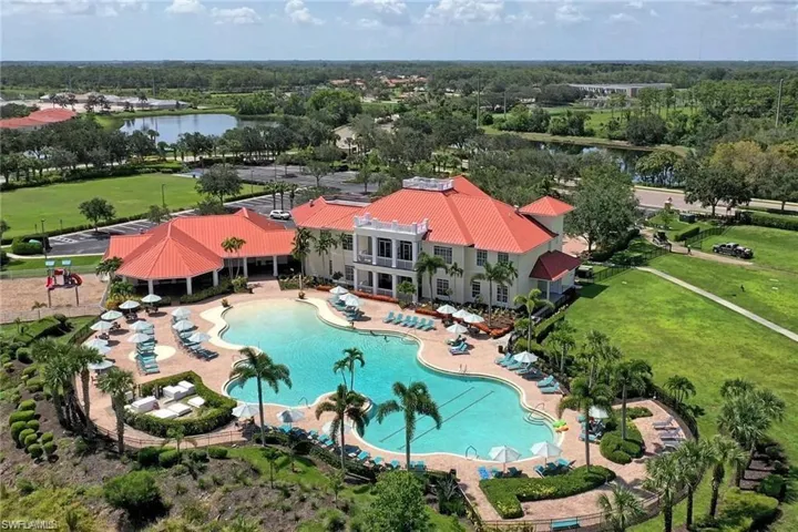 Drone / aerial view of a large body of water and a pool area