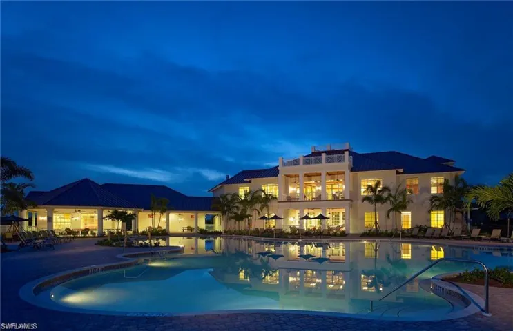 Pool at twilight with a community pool and a patio area