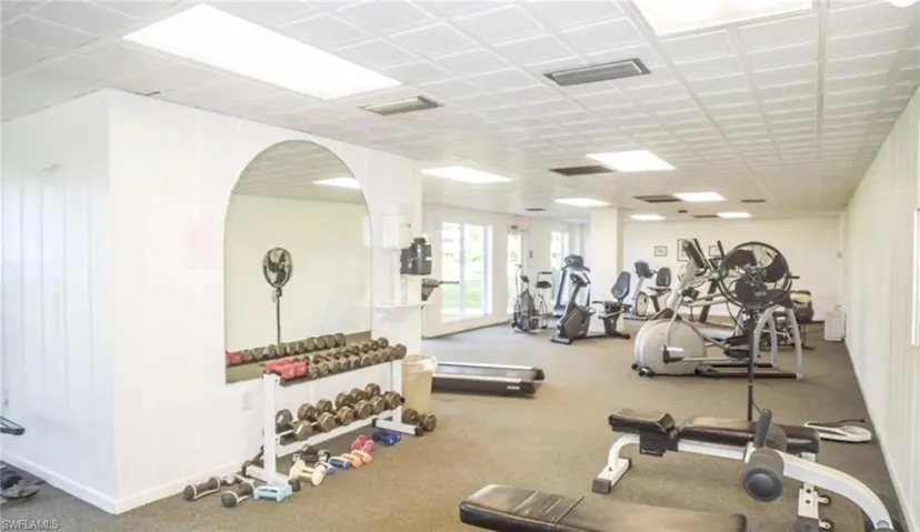 Workout area featuring carpet flooring