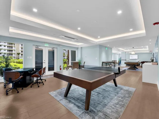 Rec room with french doors, billiards table, recessed lighting, and plenty of natural light