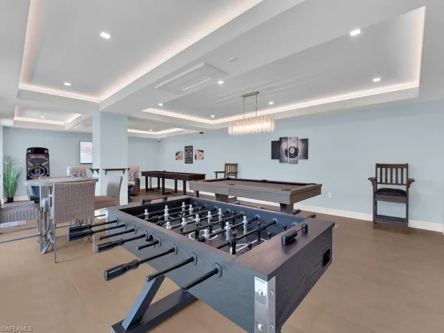 Playroom with recessed lighting and billiards