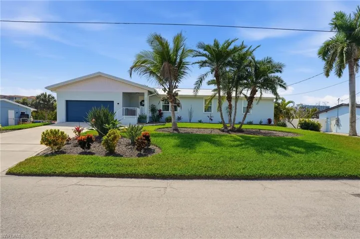 Ranch-style house featuring a garage, concrete driveway, a front lawn, and stucco siding - Virtually Edited Image