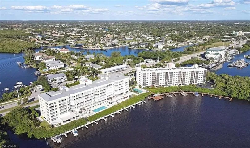 Aerial view of a nearby body of water