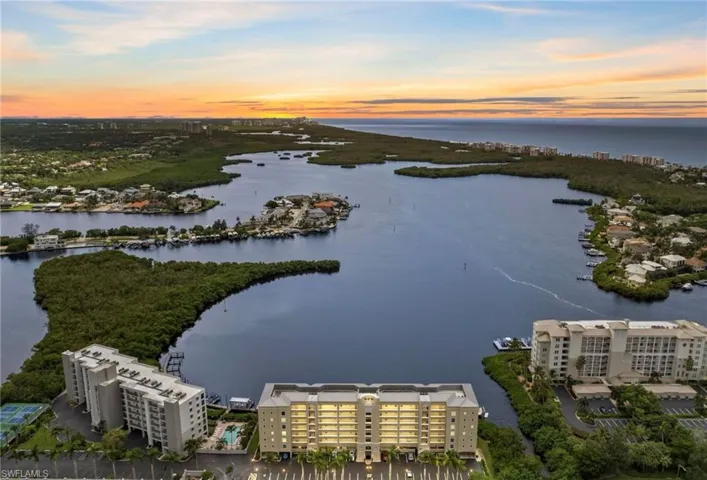 Aerial view at dusk of a water view
