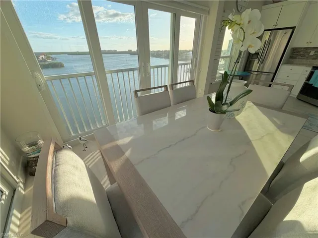 Dining space with a water view