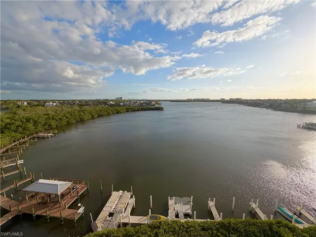 Water view with boat lift and a dock
