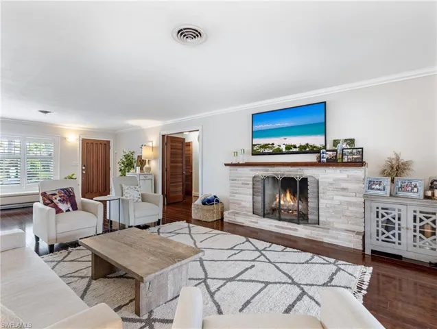 Living Room with wood-burning fireplace