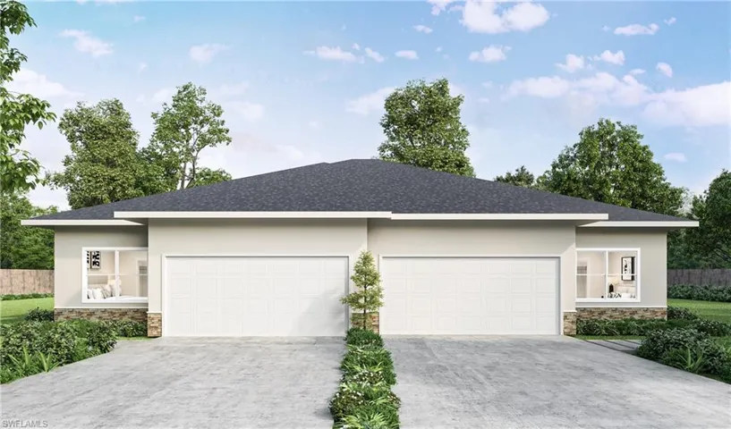 View of front of property with a garage.  Picture is an artists rendering.
