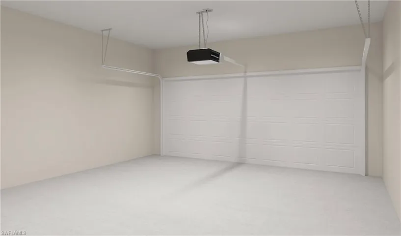 Garage featuring a garage door opener Picture is an artists rendering.