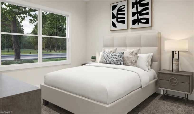 View of carpeted bedroom Picture is an artists rendering.