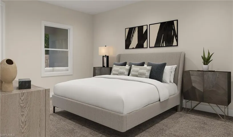 Bedroom with carpet flooring Picture is an artists rendering.