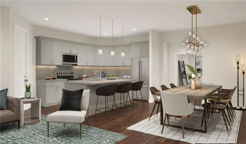 Kitchen featuring light stone countertops, sink, stainless steel appliances, hardwood / wood-style flooring, and decorative backsplash.  Picture is an artists rendering.