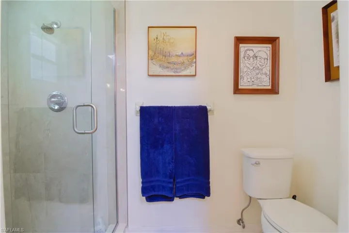 Bathroom with a shower with shower door and toilet