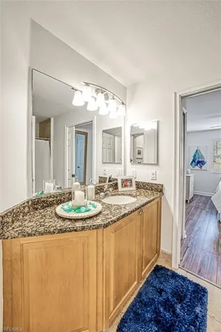 Bathroom with vanity and wood-type flooring