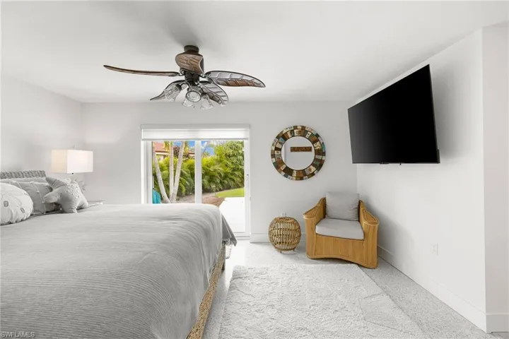 Bedroom with ceiling fan and access to outside
