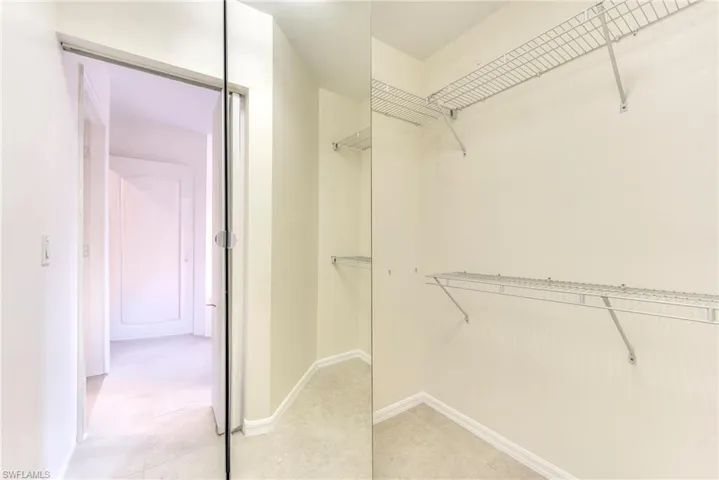 Spacious walk-in closet featuring light colored carpet