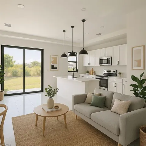 Open-concept living space with white tile flooring