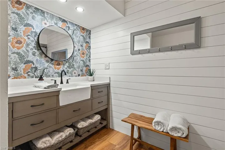 Bathroom featuring wood-type flooring and vanity