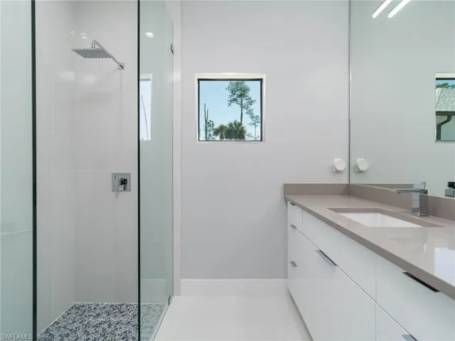 Bathroom with vanity, walk in shower, and plenty of natural light
