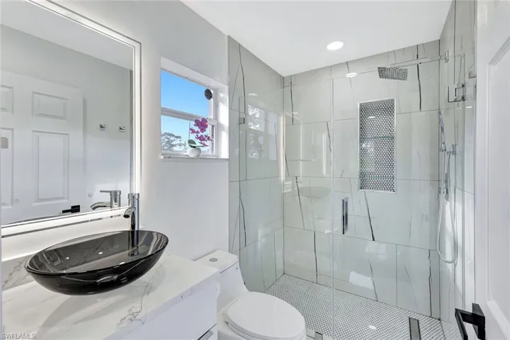 Bathroom with toilet, a shower stall, and vanity