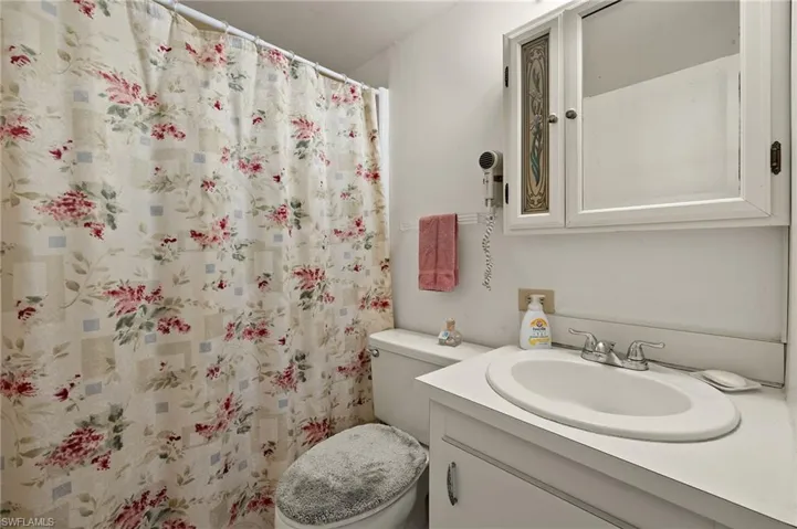 Full bathroom featuring a shower with shower curtain, toilet, and vanity