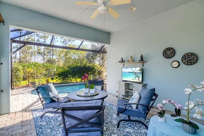 View of lanai, pool and views of nature.