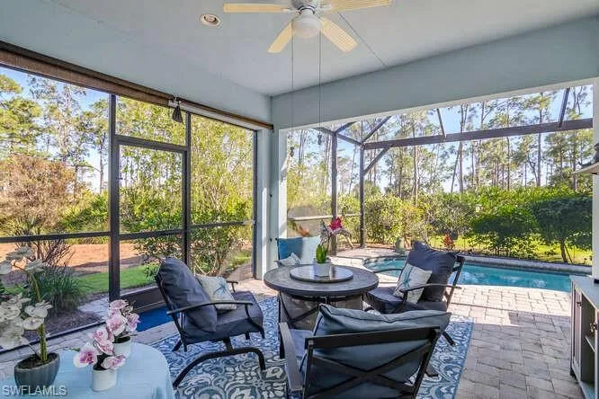 Screened Lanai with ceiling fan, a swimming pool, a patio area, and plenty of natural light.